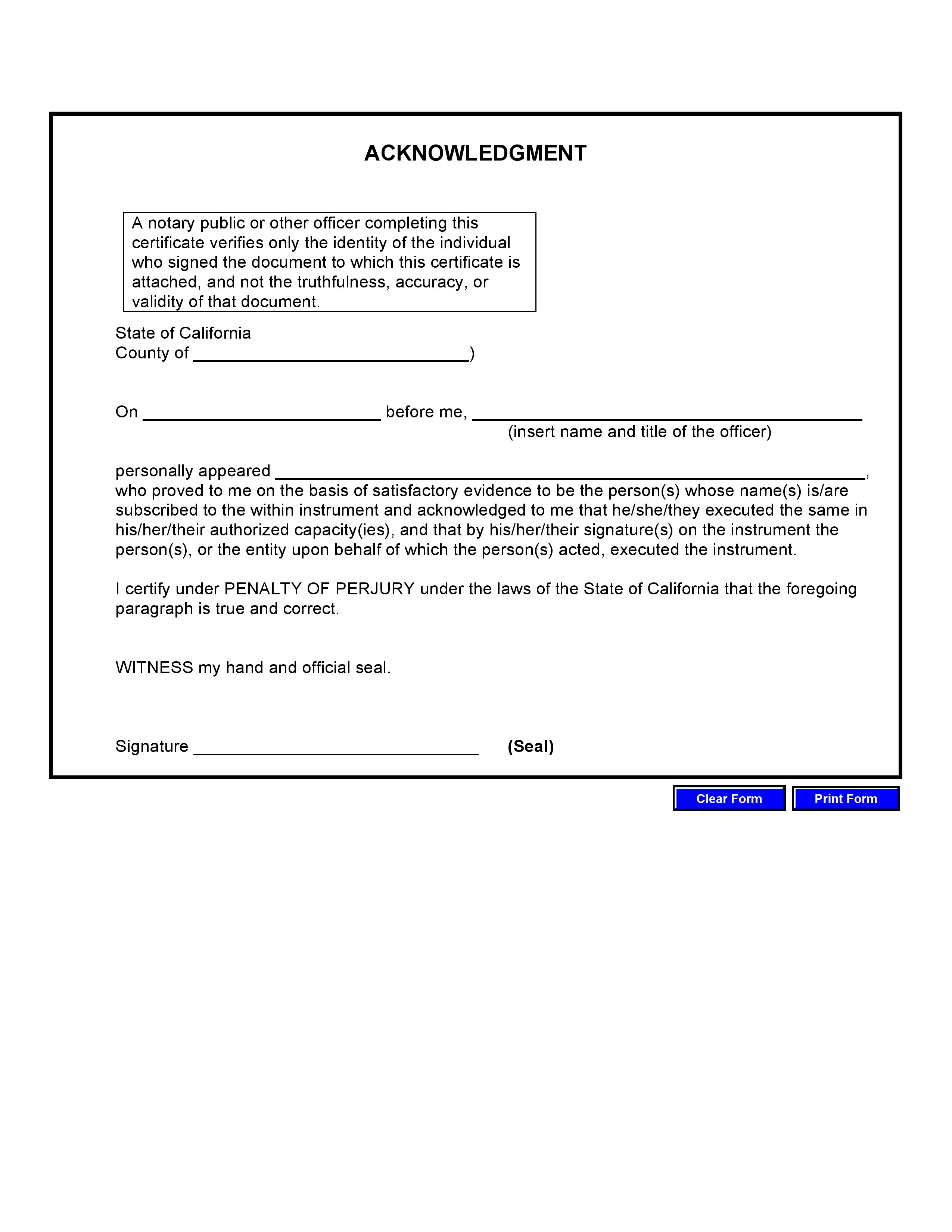 California Notary Public Acknowledgment Form
